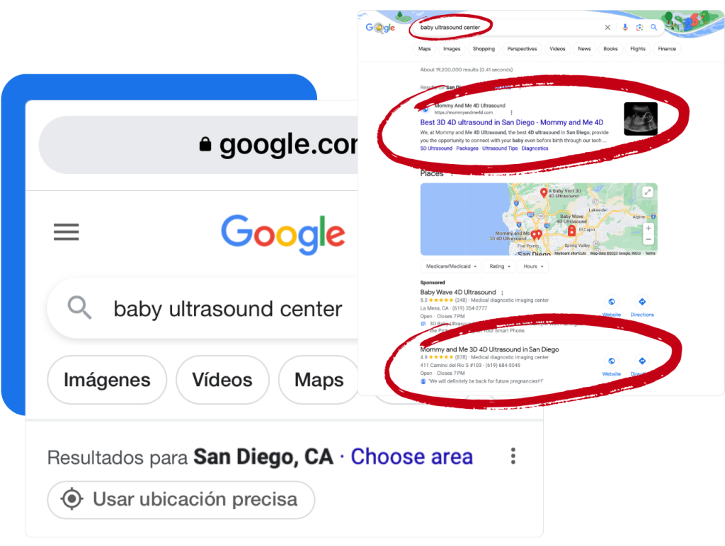 Maps Ranking SERP results example for baby ultrasound center
