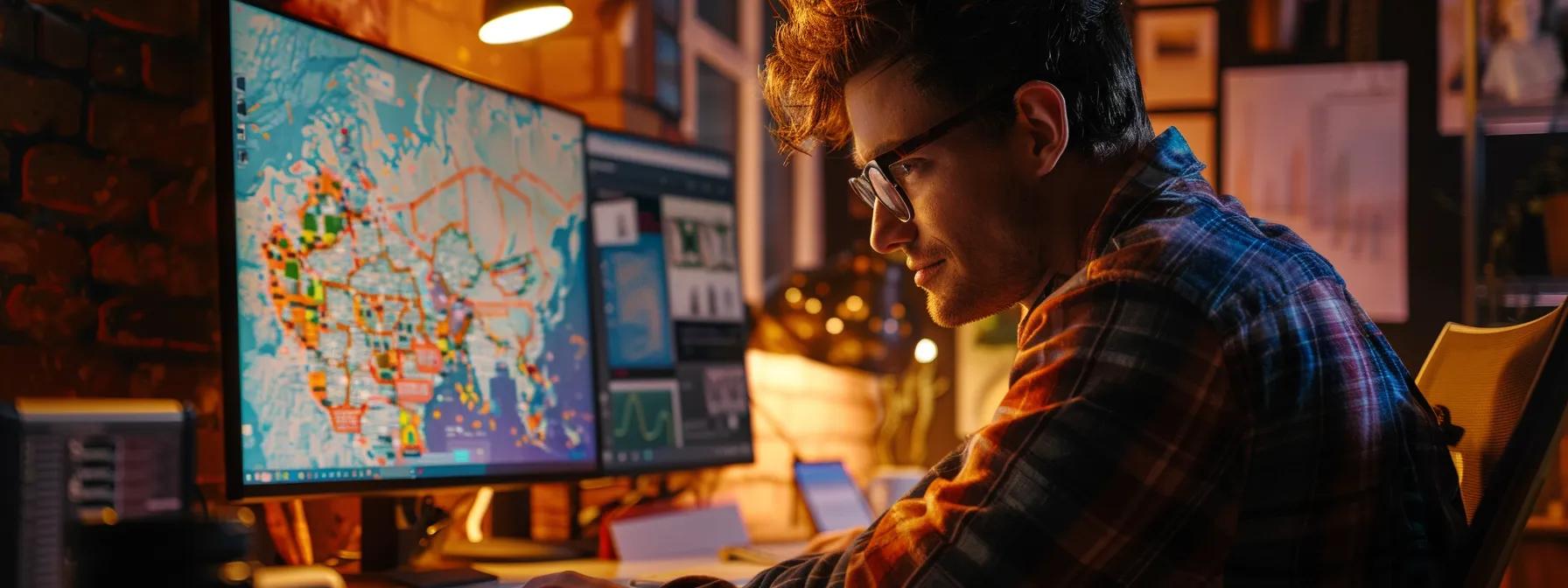 a businessman analyzing detailed analytics reports on a computer screen to refine his advertising strategy for google maps local search ads. a businessman analyzing detailed analytics reports on a computer screen to refine his advertising strategy for google maps local search ads.