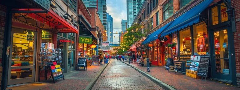 a bustling city street lined with colorful storefronts, each displaying a vibrant array of local products and services, showcasing the importance of local citation cleanup in boosting google maps ranking.