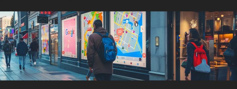 a bustling city street with vibrant google maps local search ads displayed on various storefronts, enticing passersby with engaging ad copy and high-quality images.