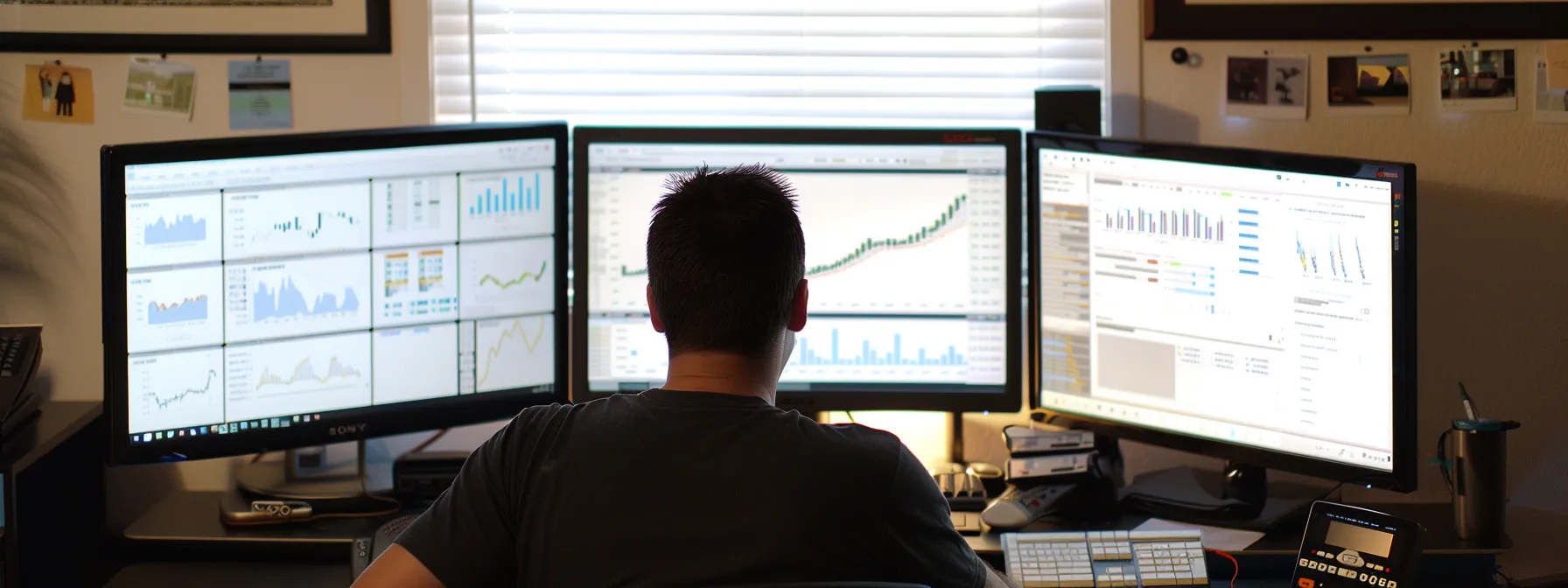 a focused marketer analyzing campaign data on multiple computer screens with graphs, charts, and a/b test results displayed.