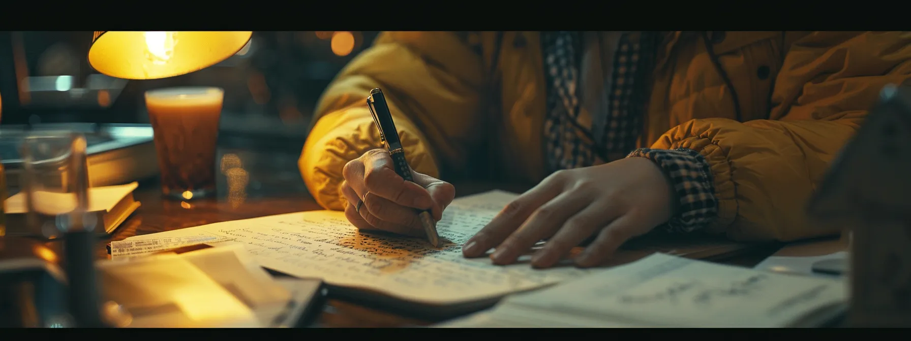a focused marketer meticulously drafting creative ad copy with captivating headlines and clear calls-to-action for a google adwords campaign.