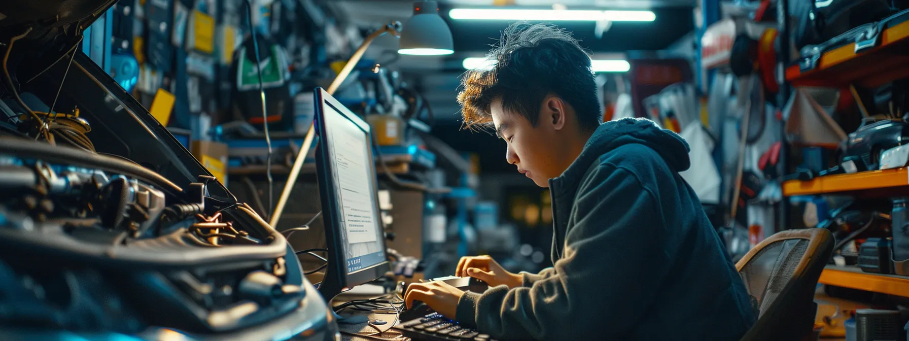a person carefully analyzing a computer screen filled with various auto detailing keywords, surrounded by tools for research and a list of negative keywords to exclude irrelevant traffic.