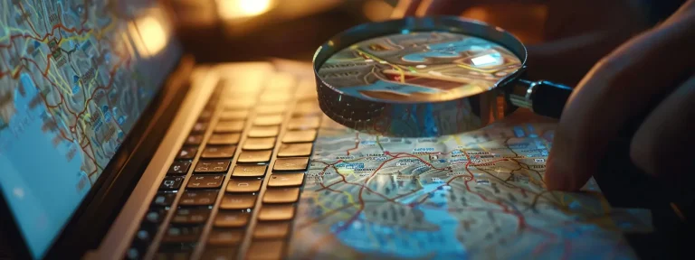 a person typing on a laptop while a magnifying glass hovers over a map of an urban area, highlighting strategic keywords for google maps rankings.