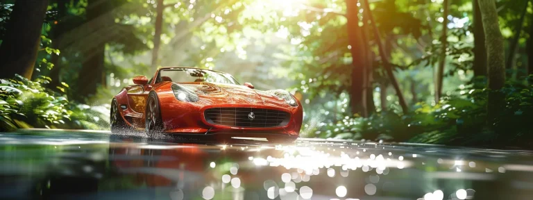 a shiny red sports car gleaming under the bright sun, surrounded by a backdrop of lush green trees and sparkling water, with a facebook ads logo subtly appearing in the corner.