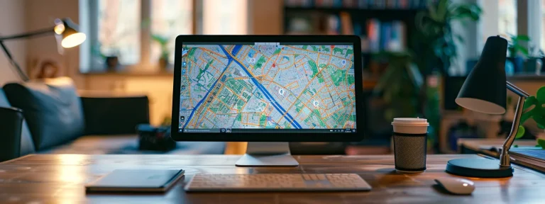 a sleek, modern computer screen displaying a map dotted with various local business listings.