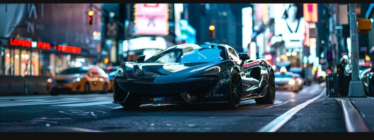 a sleek, shiny sports car parked in front of a bustling city street lined with colorful, eye-catching online ad banners for local car detailers.