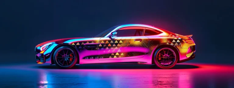 a vibrant digital marketing ad featuring a sleek, polished car with shining paint under the bright spotlight of google adwords.