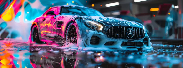 a gleaming, luxurious car covered in suds, surrounded by vibrant social media ad graphics.