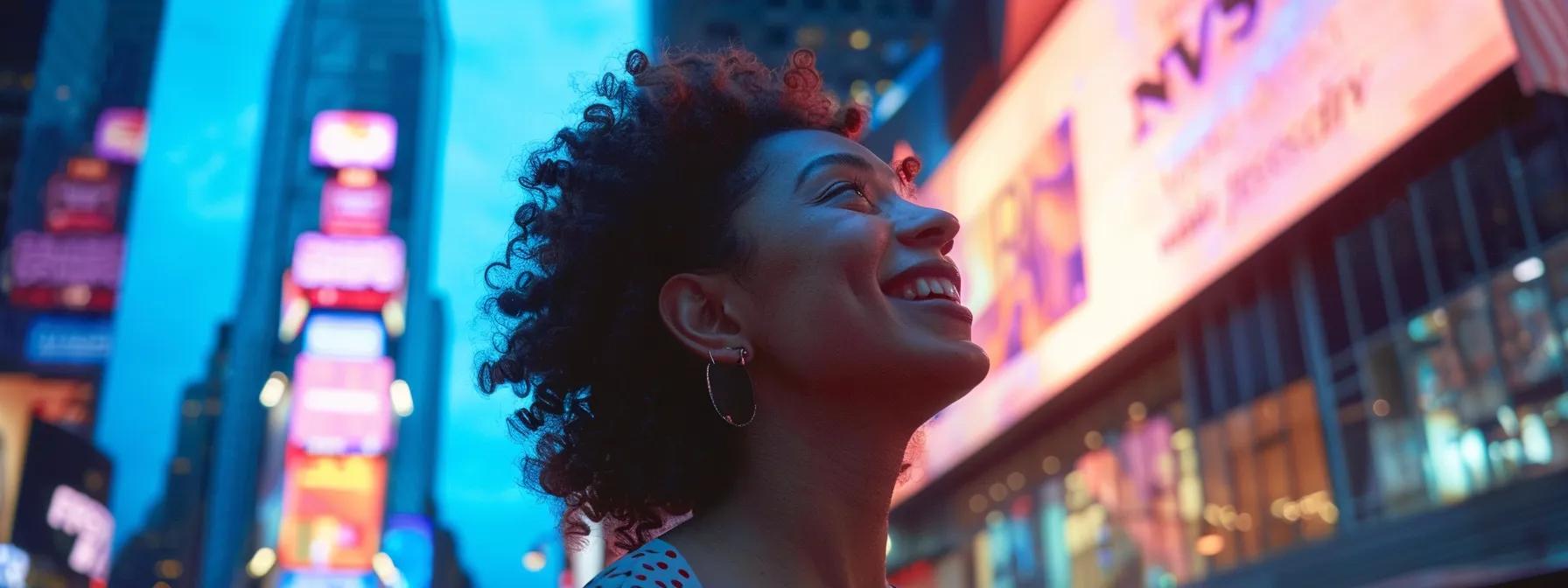 a person smiling next to a vibrant, eye-catching billboard with engaging copy and a clear call-to-action, set against a bustling city street backdrop. a person smiling next to a vibrant, eye-catching billboard with engaging copy and a clear call-to-action, set against a bustling city street backdrop.