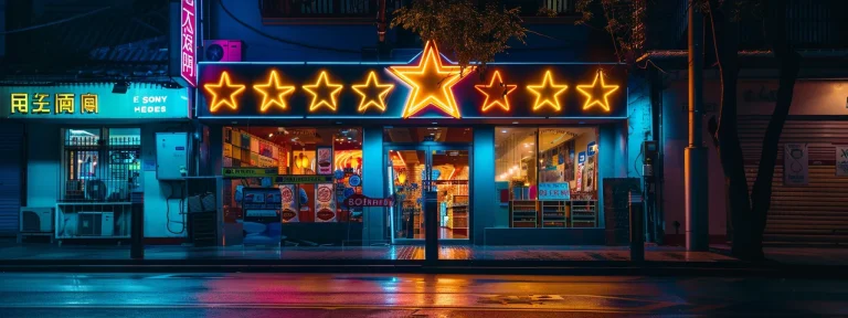 vibrant storefront with a row of glowing five-star reviews on google maps.