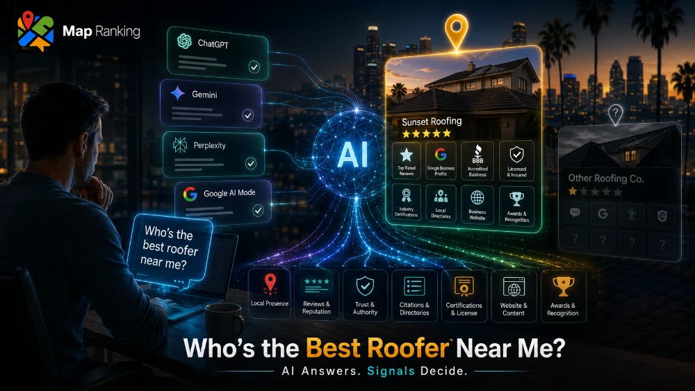 Night scene with a person at a laptop and an AI-powered roofer ranking dashboard displaying profiles and filters nearby roofers